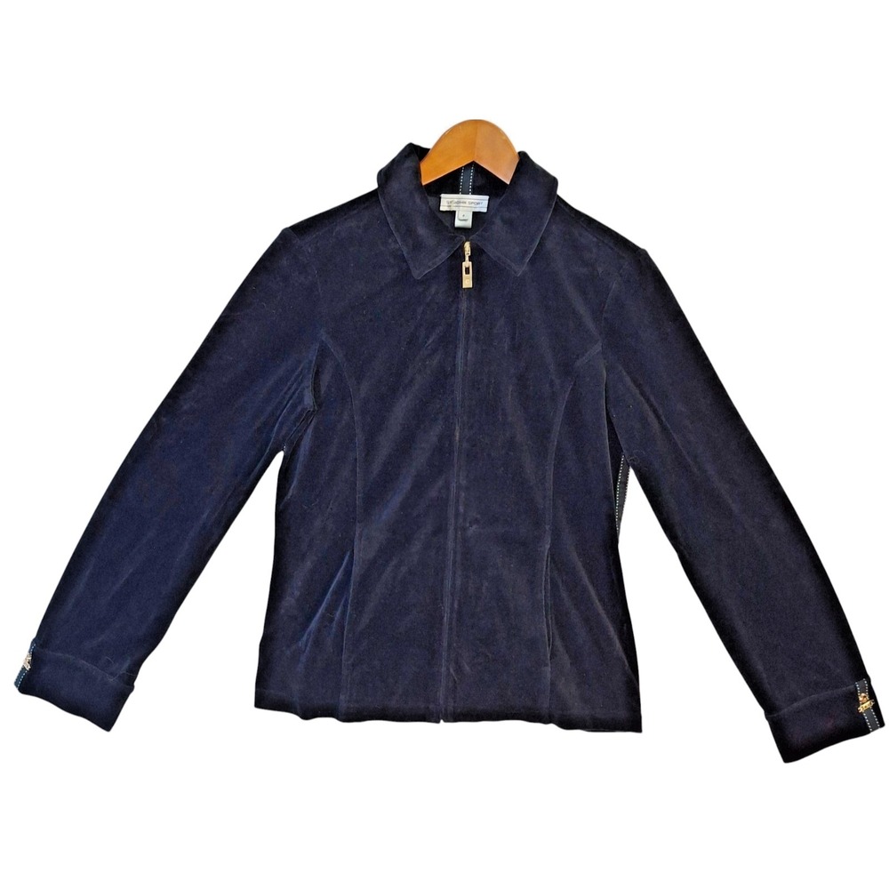 St John Sport Velour Jacket Women's Small Full Zip Suede Stretch Fitted Pockets